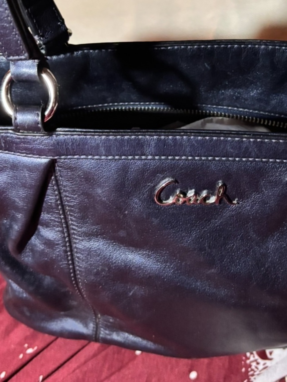 Coach Dark  metallic blue Leather Shoulder Bag with Gold Hardware